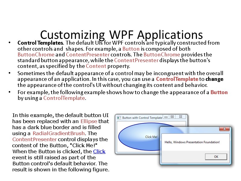 Customizing WPF Applications Control Templates. The default UIs for WPF controls are typically constructed